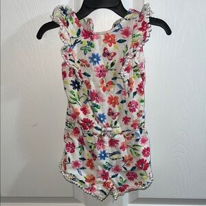 Girls Floral Ruffle Romper in White with Multicolor Flowers